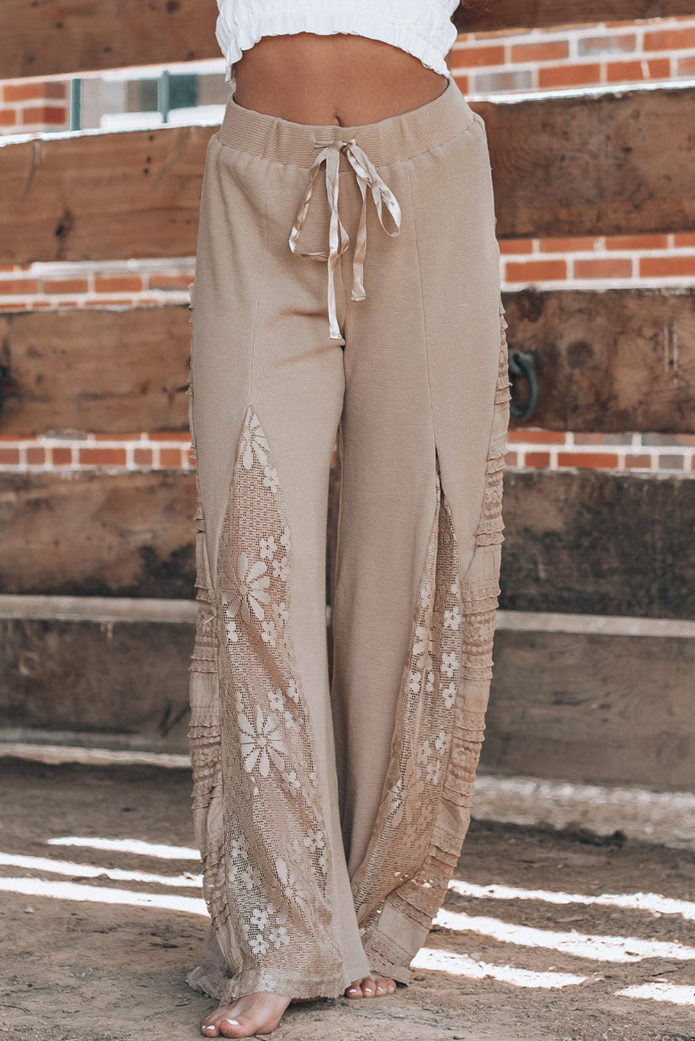 Smoke Gray Boho Lace Patchwork Wide Leg High Waist Pants