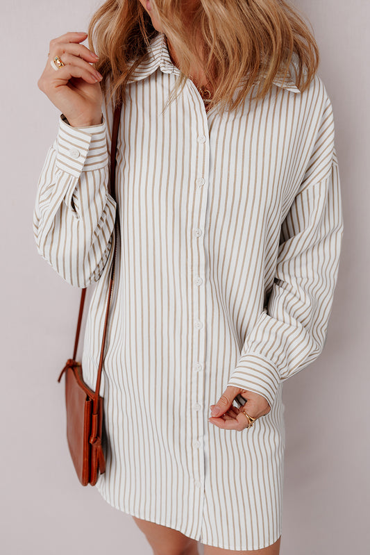 Khaki Stripe Long Sleeve Button Up Mini Shirt Dress